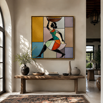 Painted Geometry Walks Forward - geometric woman figure painting by Ethan Mercer, contemporary Western square wall art – styled room scene view 2