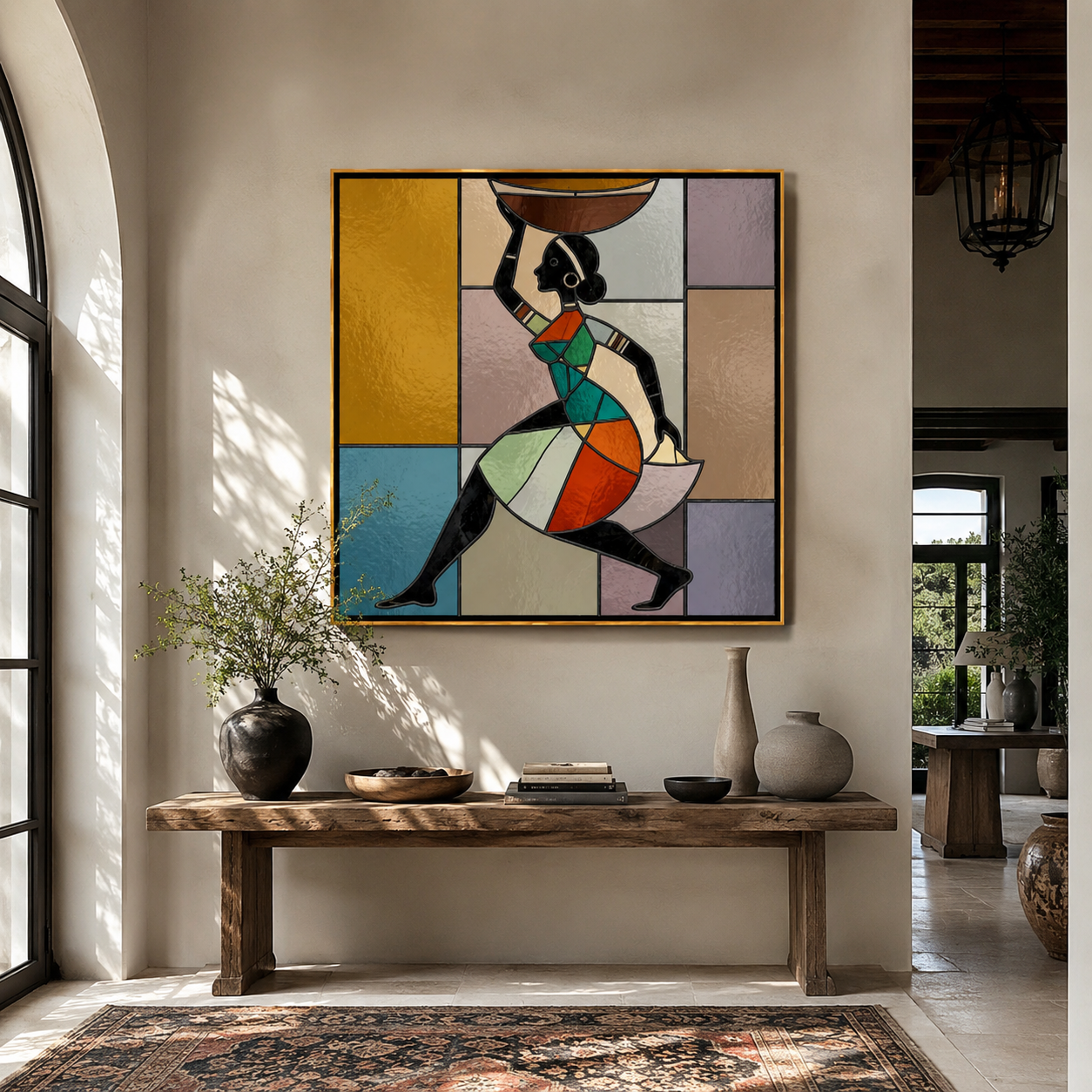 Painted Geometry Walks Forward - geometric woman figure painting by Ethan Mercer, contemporary Western square wall art – styled room scene view 2