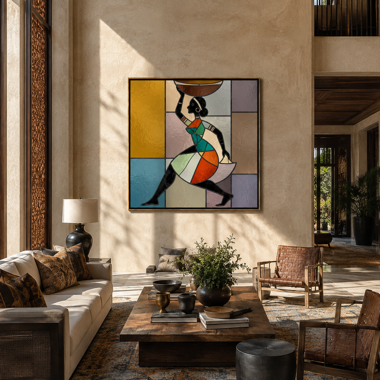 Painted Geometry Walks Forward - geometric woman figure painting by Ethan Mercer, contemporary Western square wall art – styled room scene view 3