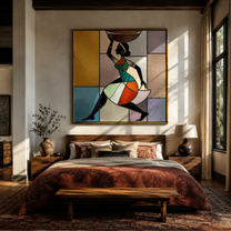 Painted Geometry Walks Forward - geometric woman figure painting by Ethan Mercer, contemporary Western square wall art – styled room scene view 4