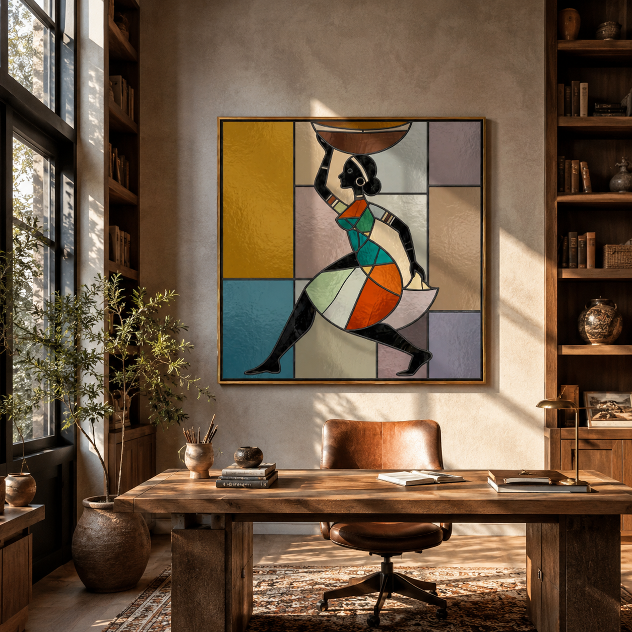 Painted Geometry Walks Forward - geometric woman figure painting by Ethan Mercer, contemporary Western square wall art – styled room scene view 5