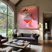 Red Glass Carries Denim - cowboy cocktail glass painting by Ethan Mercer, contemporary Western square wall art – styled room scene view 1