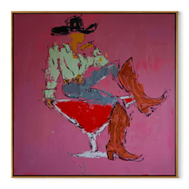 Red Glass Carries Denim - cowboy cocktail glass painting by Ethan Mercer, contemporary Western square wall art – wood frame on white background