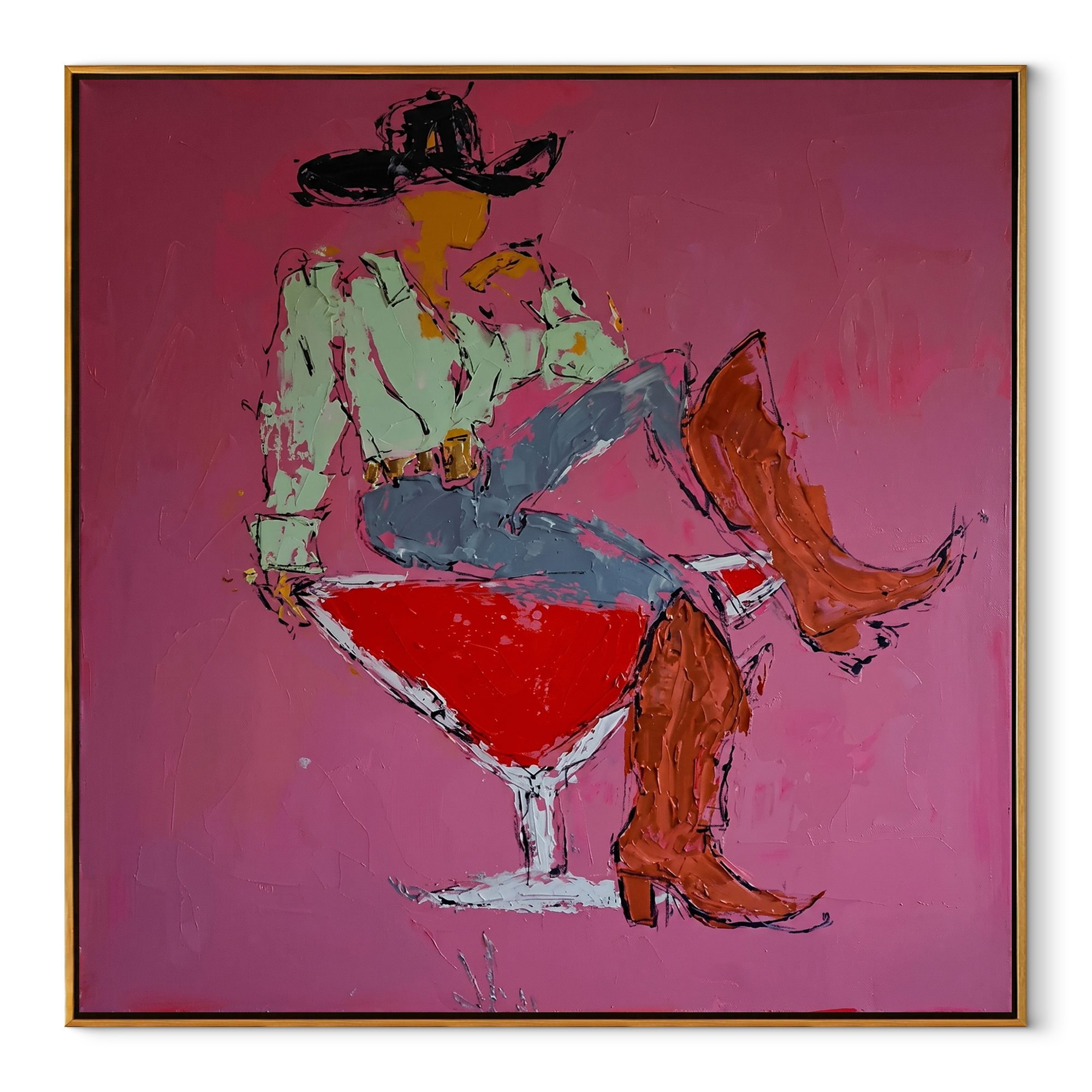 Red Glass Carries Denim - cowboy cocktail glass painting by Ethan Mercer, contemporary Western square wall art – wood frame on white background