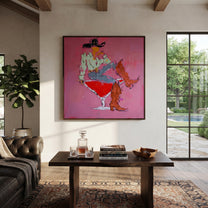 Red Glass Carries Denim - cowboy cocktail glass painting by Ethan Mercer, contemporary Western square wall art – styled room scene view 3