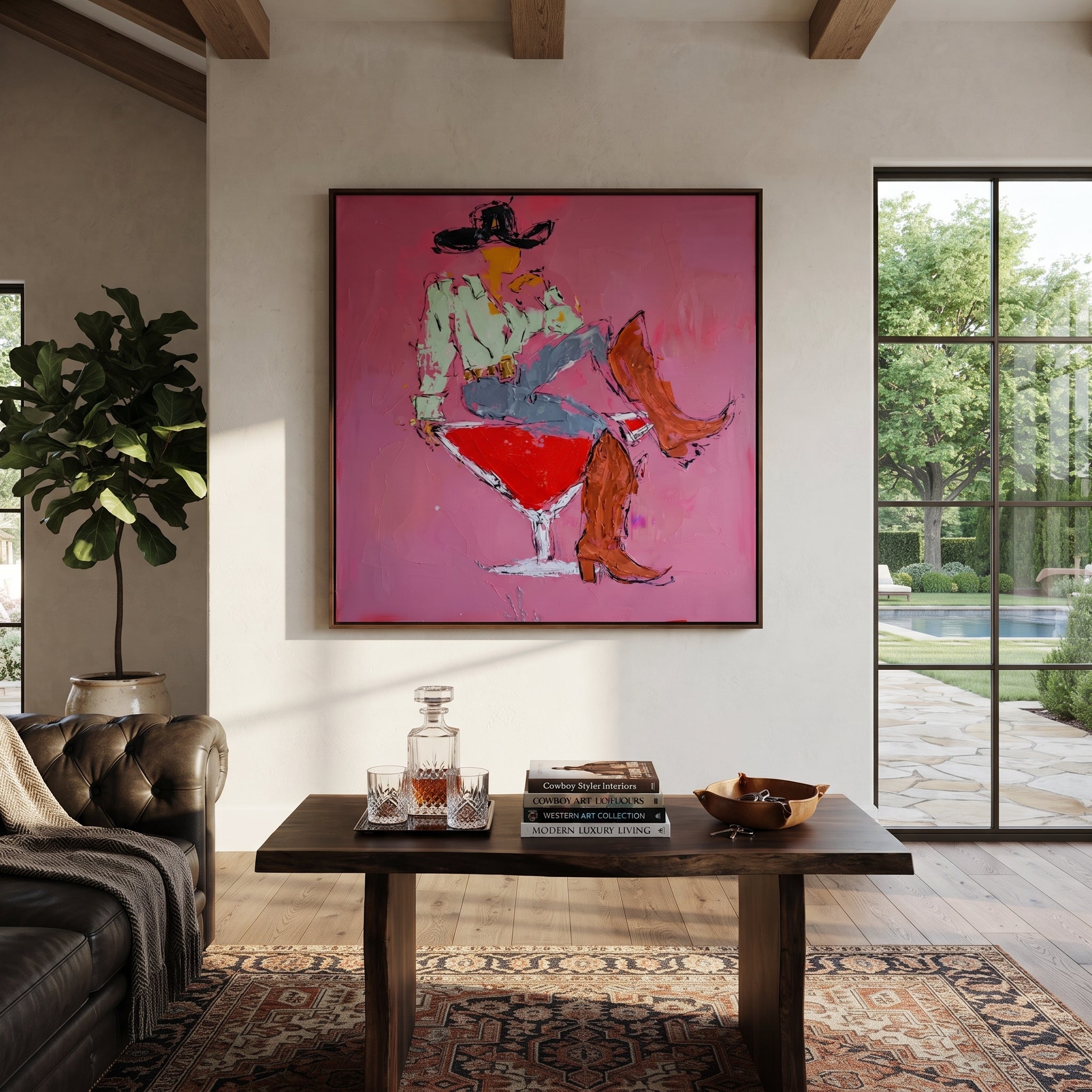 Red Glass Carries Denim - cowboy cocktail glass painting by Ethan Mercer, contemporary Western square wall art – styled room scene view 3