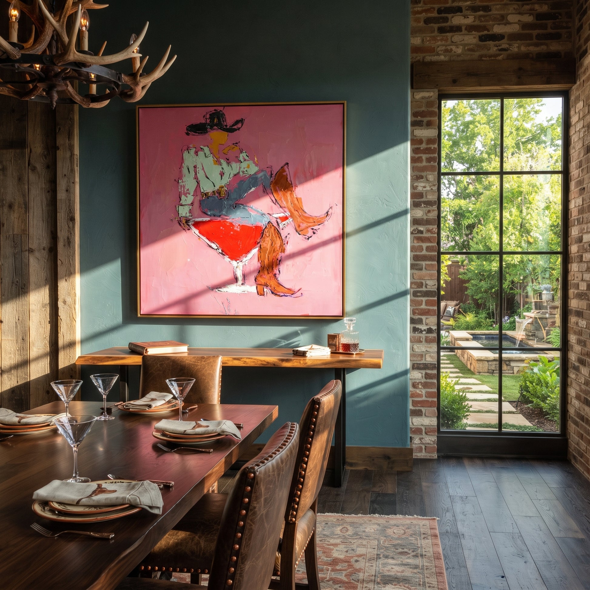 Red Glass Carries Denim - cowboy cocktail glass painting by Ethan Mercer, contemporary Western square wall art – styled room scene view 4