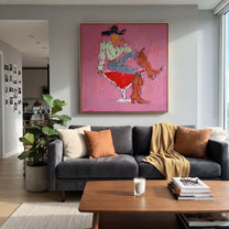 Red Glass Carries Denim - cowboy cocktail glass painting by Ethan Mercer, contemporary Western square wall art – styled room scene view 5