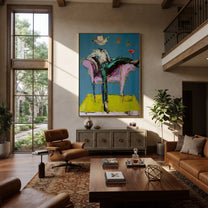 Blue Chair Catches Breath - reclining cowboy chair painting by Ethan Mercer, contemporary Western vertical wall art – styled room scene view 1