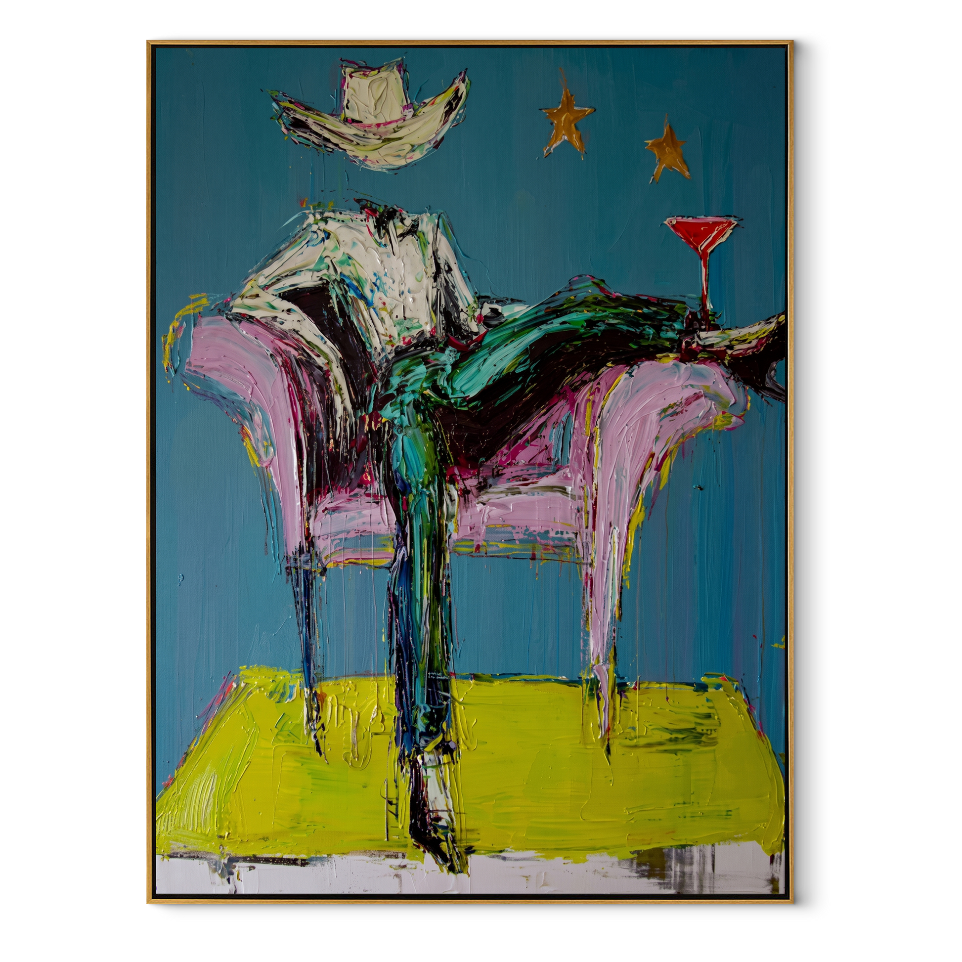 Blue Chair Catches Breath - reclining cowboy chair painting by Ethan Mercer, contemporary Western vertical wall art – wood frame on white background