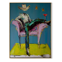 Blue Chair Catches Breath - reclining cowboy chair painting by Ethan Mercer, contemporary Western vertical wall art – wood frame on white background