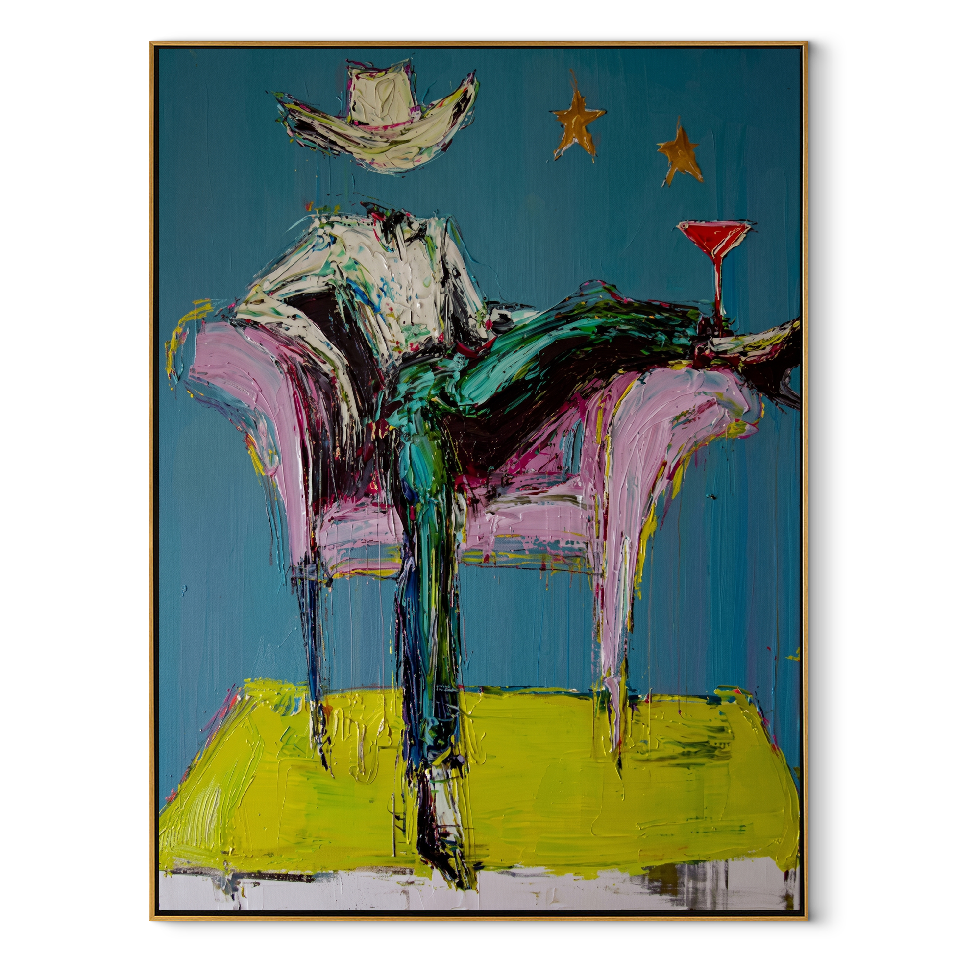 Blue Chair Catches Breath - reclining cowboy chair painting by Ethan Mercer, contemporary Western vertical wall art – wood frame on white background