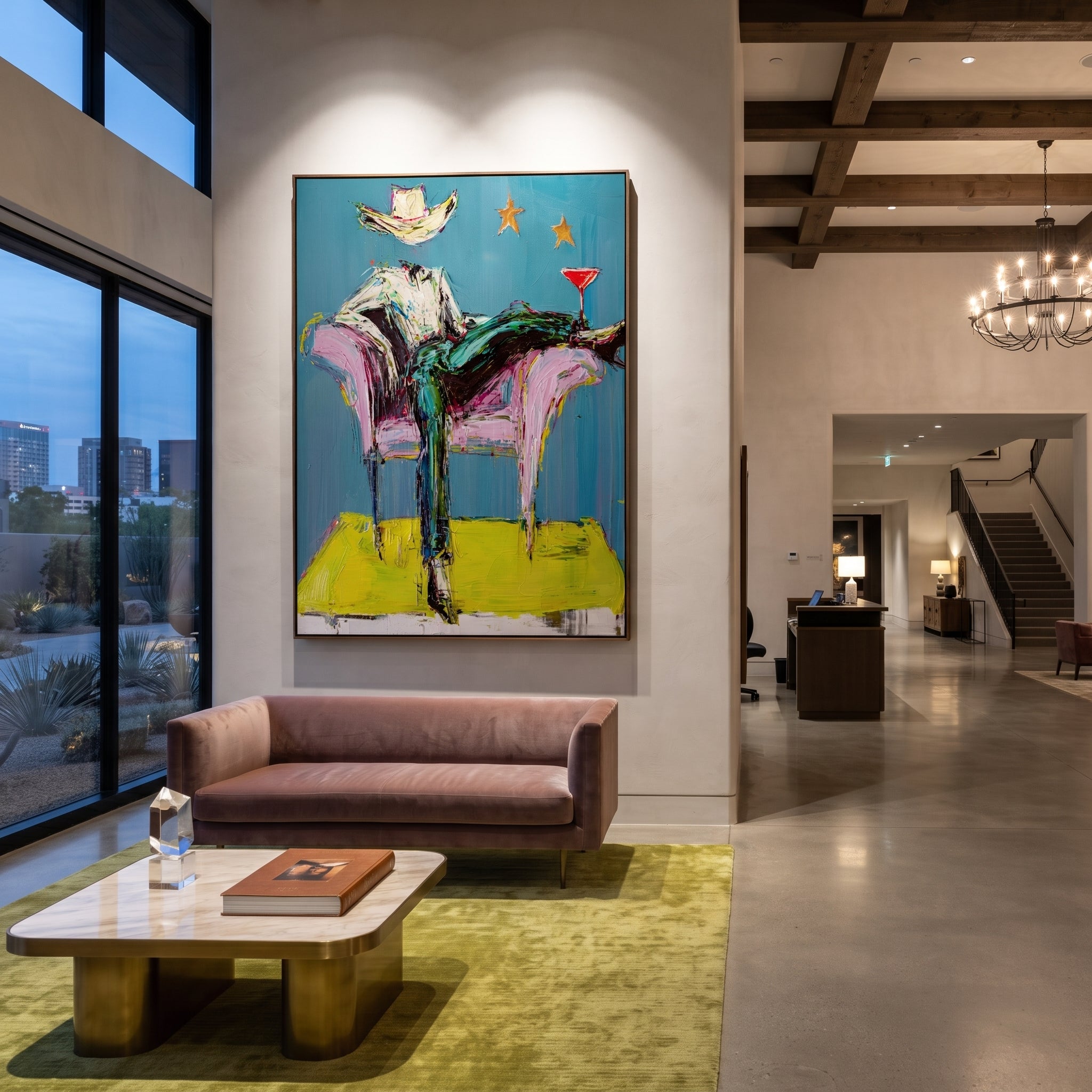 Blue Chair Catches Breath - reclining cowboy chair painting by Ethan Mercer, contemporary Western vertical wall art – styled room scene view 3