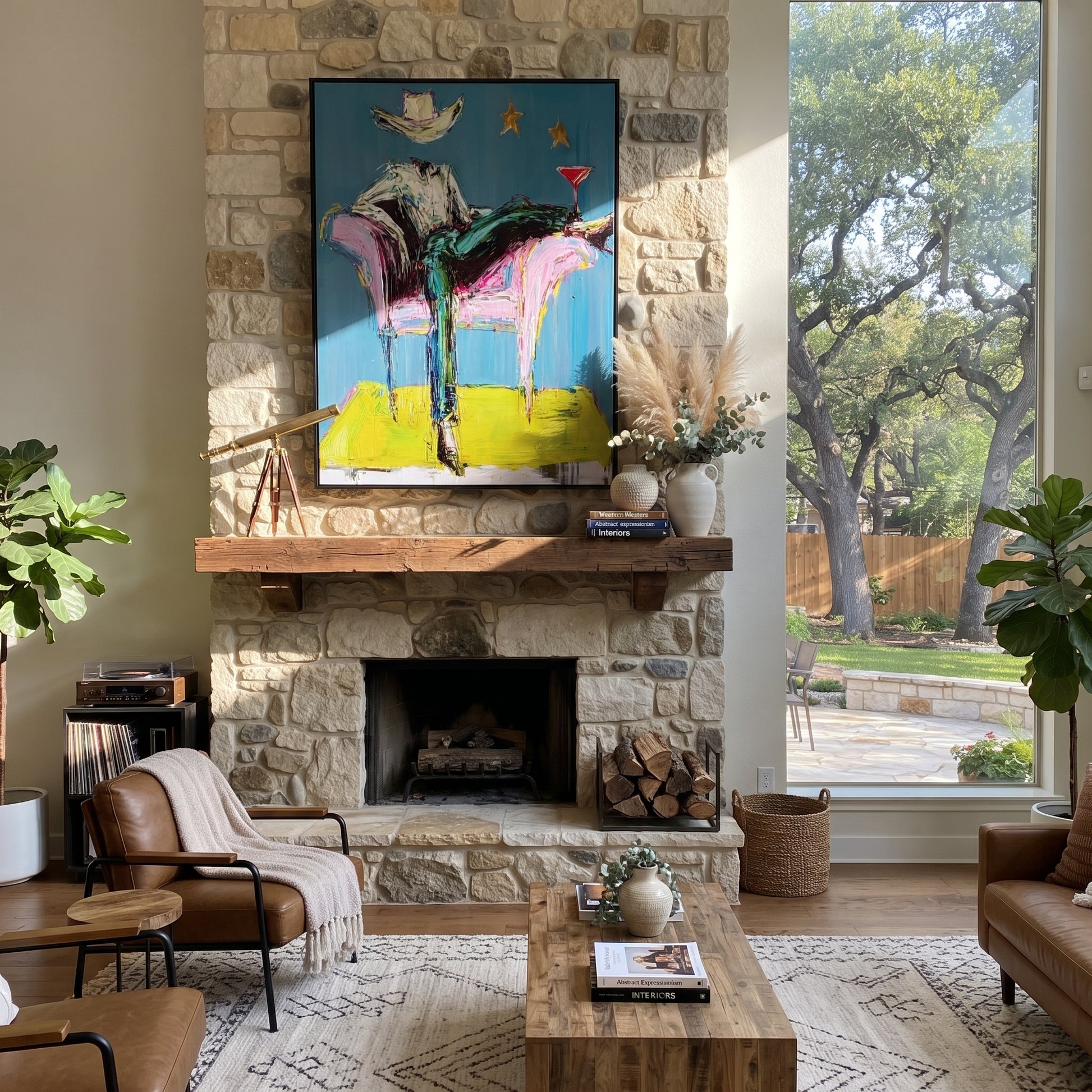 Blue Chair Catches Breath - reclining cowboy chair painting by Ethan Mercer, contemporary Western vertical wall art – styled room scene view 4