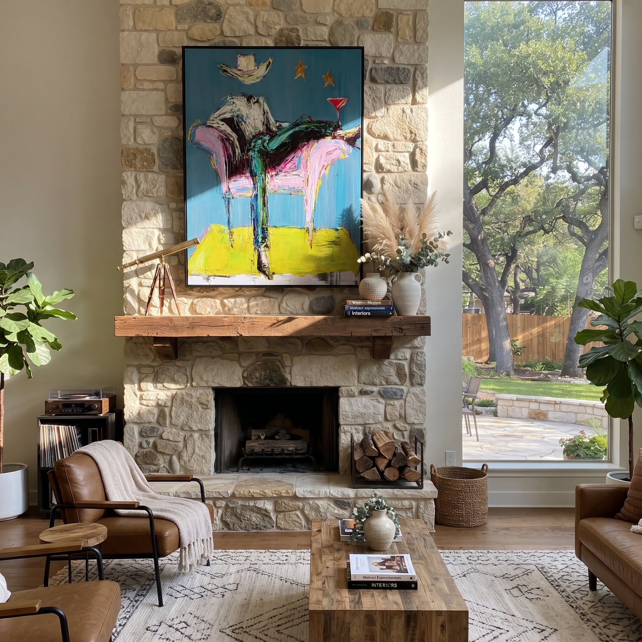 Blue Chair Catches Breath - reclining cowboy chair painting by Ethan Mercer, contemporary Western vertical wall art – styled room scene view 4