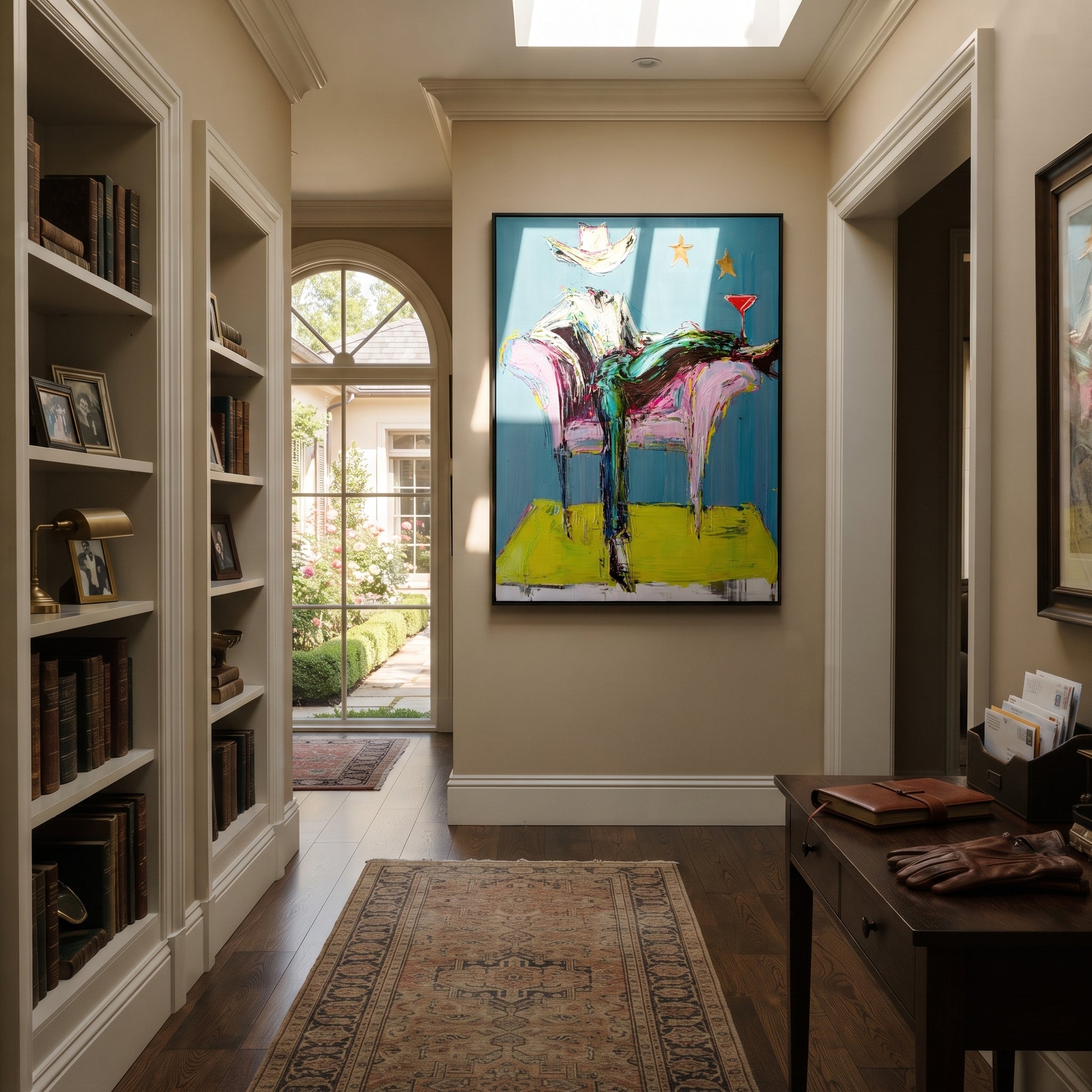 Blue Chair Catches Breath - reclining cowboy chair painting by Ethan Mercer, contemporary Western vertical wall art – styled room scene view 5