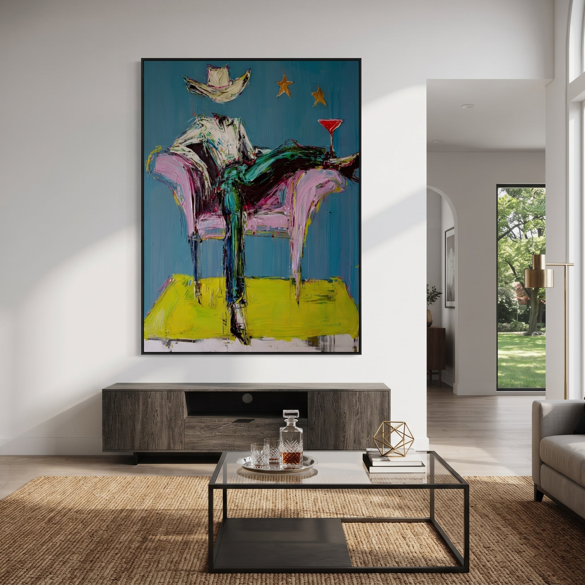 Blue Chair Catches Breath - reclining cowboy chair painting by Ethan Mercer, contemporary Western vertical wall art – styled room scene view 6