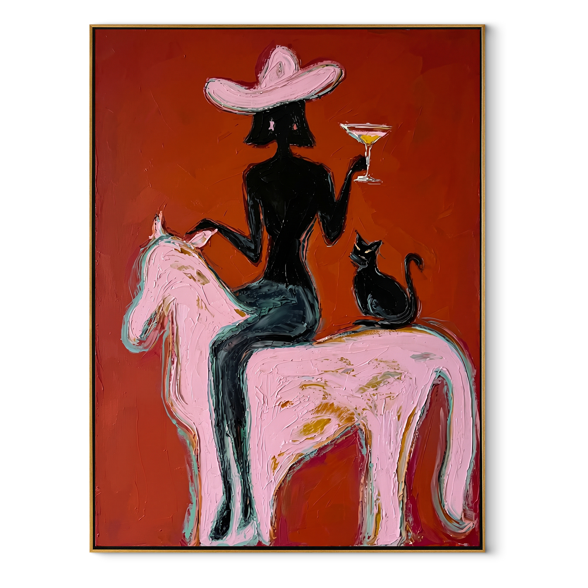 Black Cat Follows Pink - cowgirl pink horse painting by Ethan Mercer, contemporary Western vertical wall art – wood frame on white background