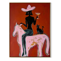 Black Cat Follows Pink - cowgirl pink horse painting by Ethan Mercer, contemporary Western vertical wall art – wood frame on white background