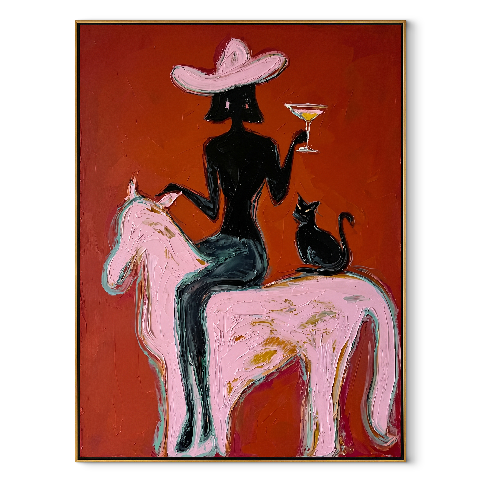 Black Cat Follows Pink - cowgirl pink horse painting by Ethan Mercer, contemporary Western vertical wall art – wood frame on white background