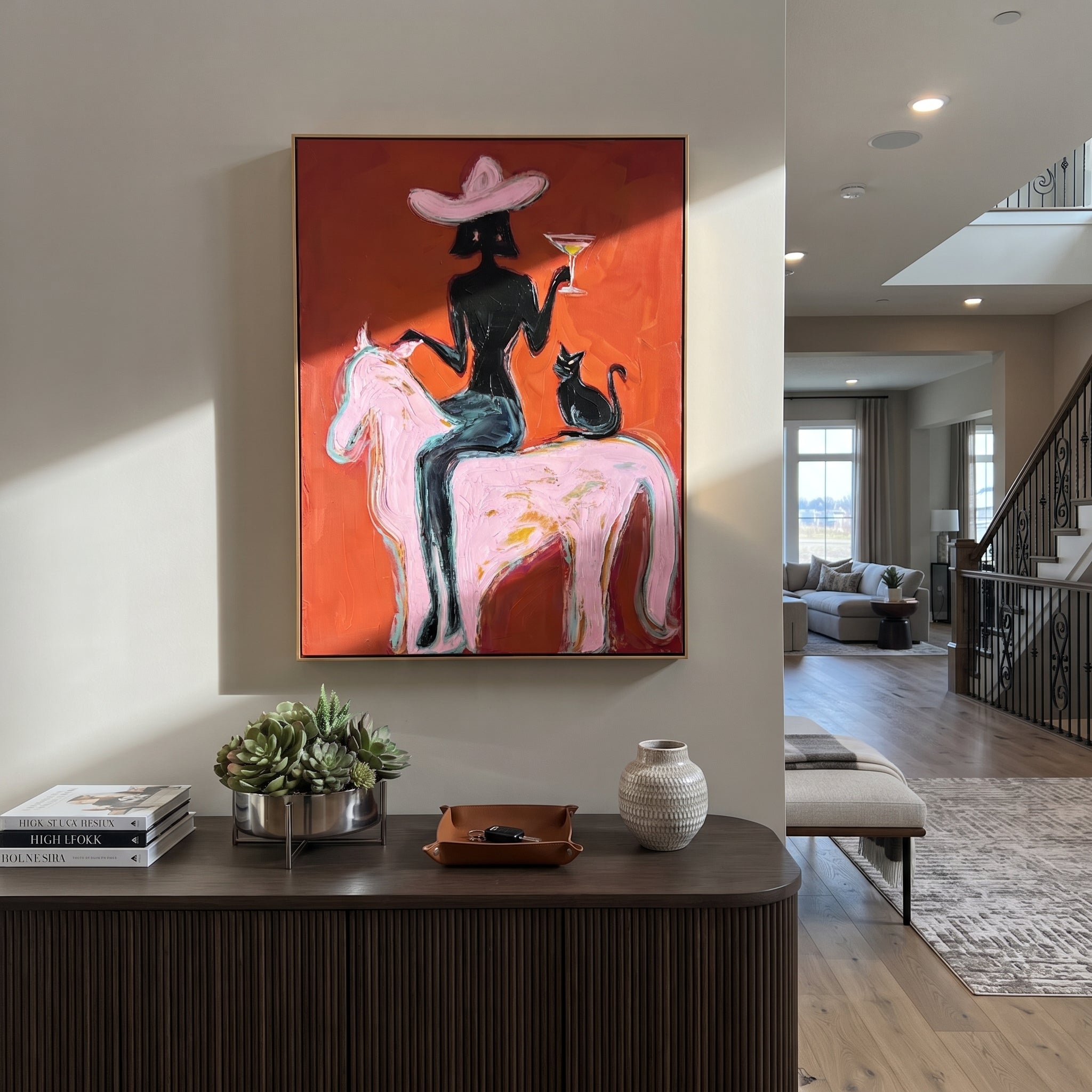 Black Cat Follows Pink - cowgirl pink horse painting by Ethan Mercer, contemporary Western vertical wall art – styled room scene view 2