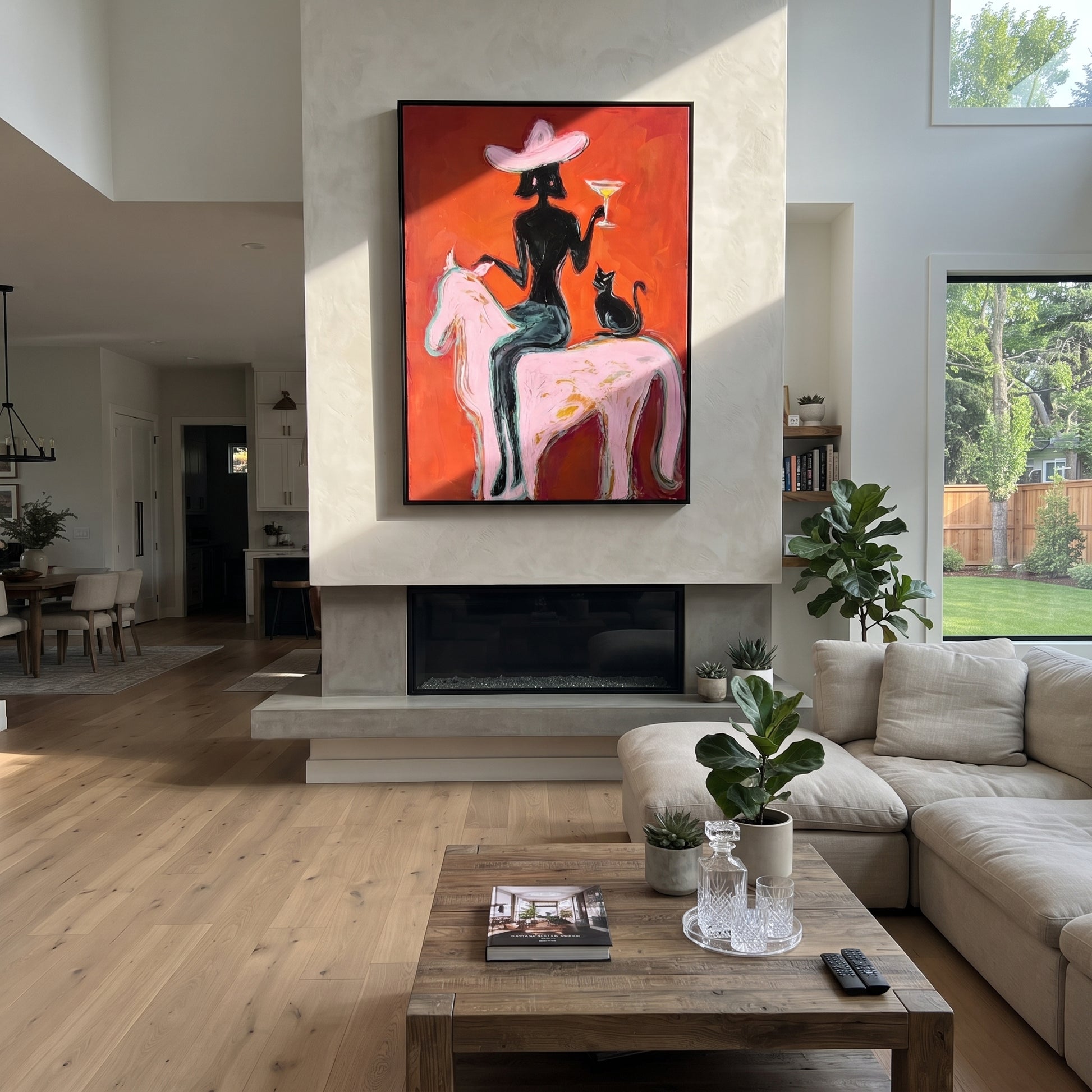 Black Cat Follows Pink - cowgirl pink horse painting by Ethan Mercer, contemporary Western vertical wall art – styled room scene view 3