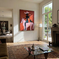 Black Cat Follows Pink - cowgirl pink horse painting by Ethan Mercer, contemporary Western vertical wall art – styled room scene view 4