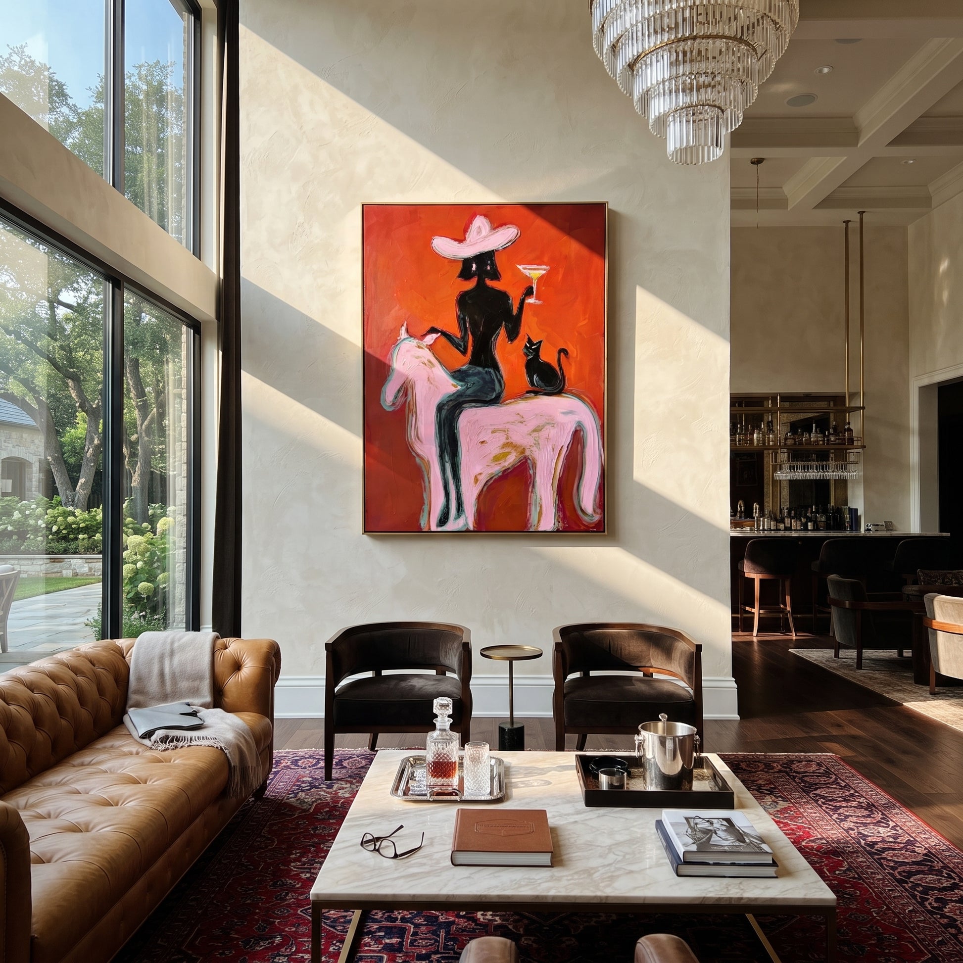Black Cat Follows Pink - cowgirl pink horse painting by Ethan Mercer, contemporary Western vertical wall art – styled room scene view 5