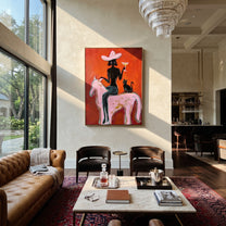 Black Cat Follows Pink - cowgirl pink horse painting by Ethan Mercer, contemporary Western vertical wall art – styled room scene view 5