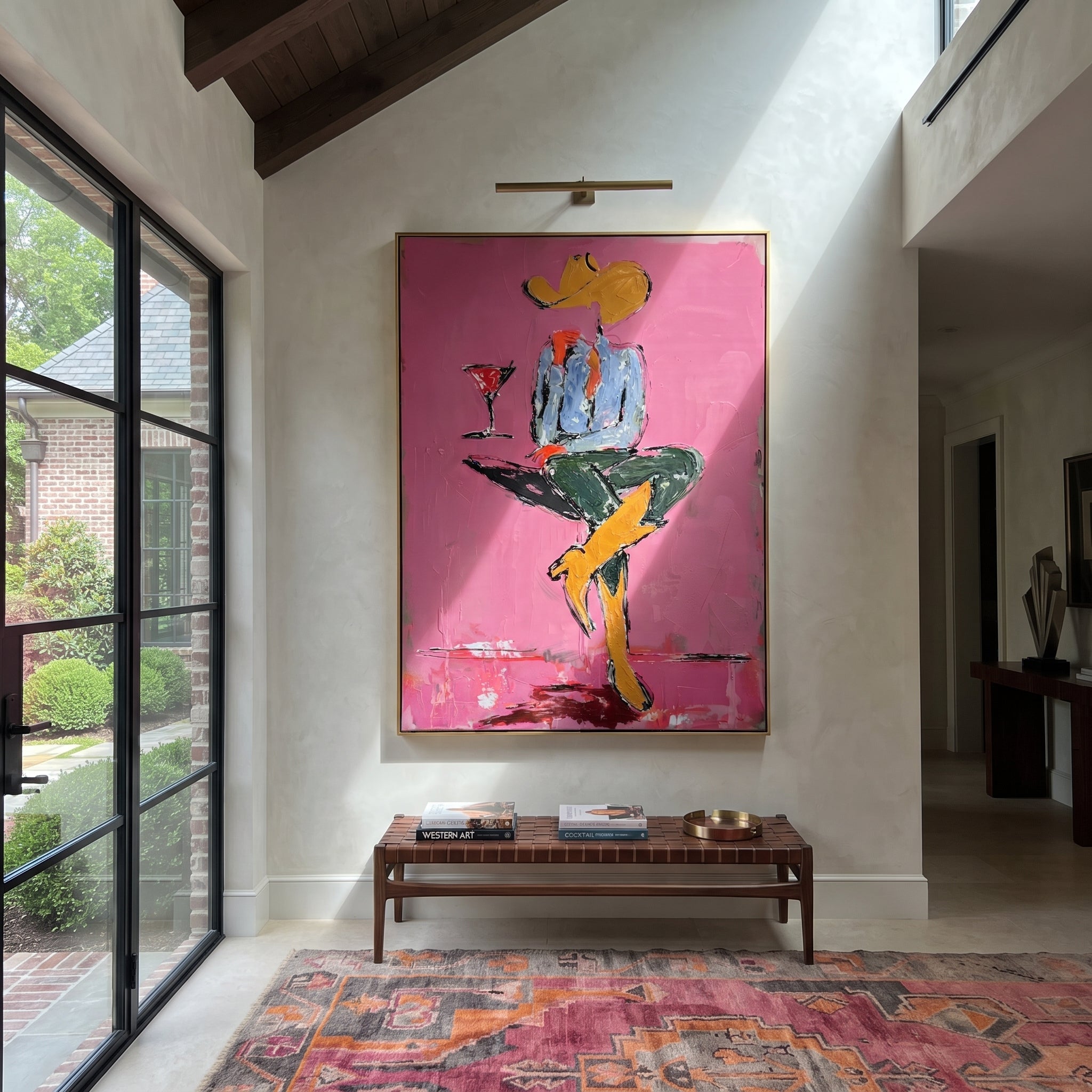 Crossed Legs Hold Evening - seated cowboy drink painting by Ethan Mercer, contemporary Western vertical wall art – styled room scene view 1
