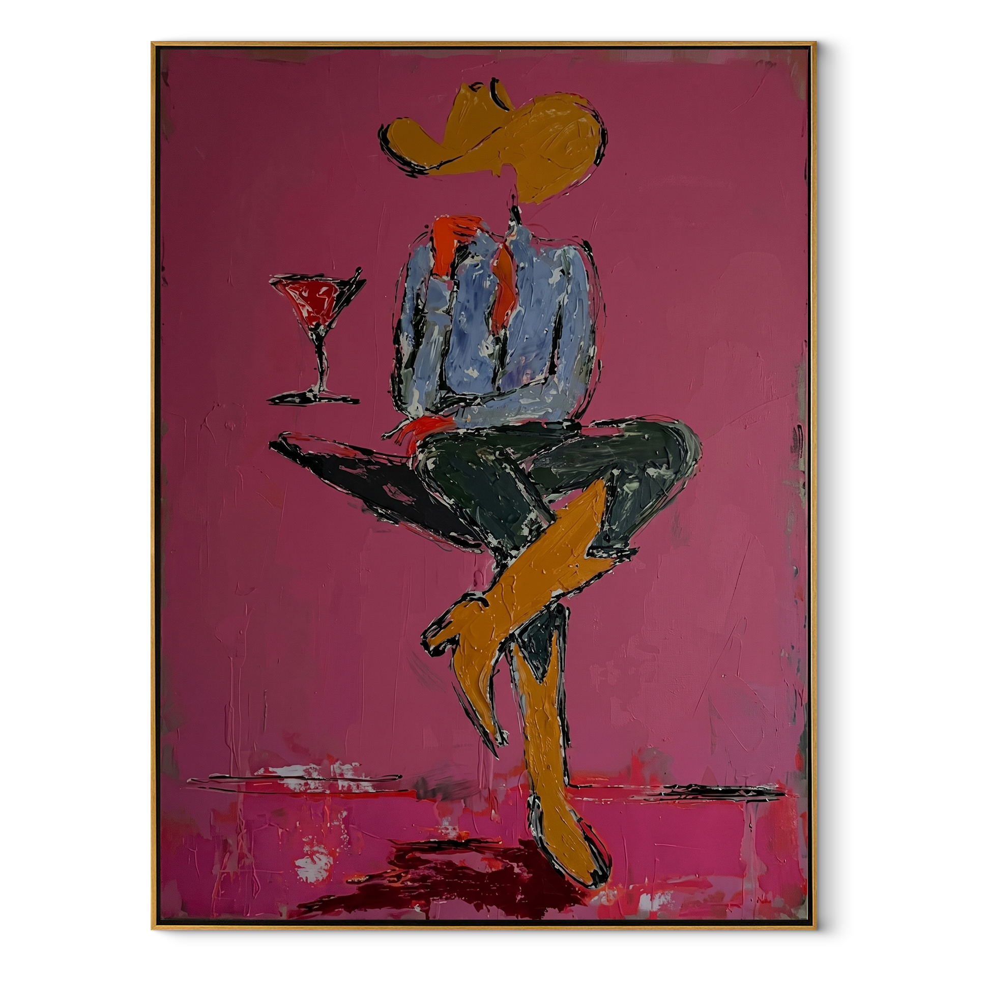 Crossed Legs Hold Evening - seated cowboy drink painting by Ethan Mercer, contemporary Western vertical wall art – wood frame on white background
