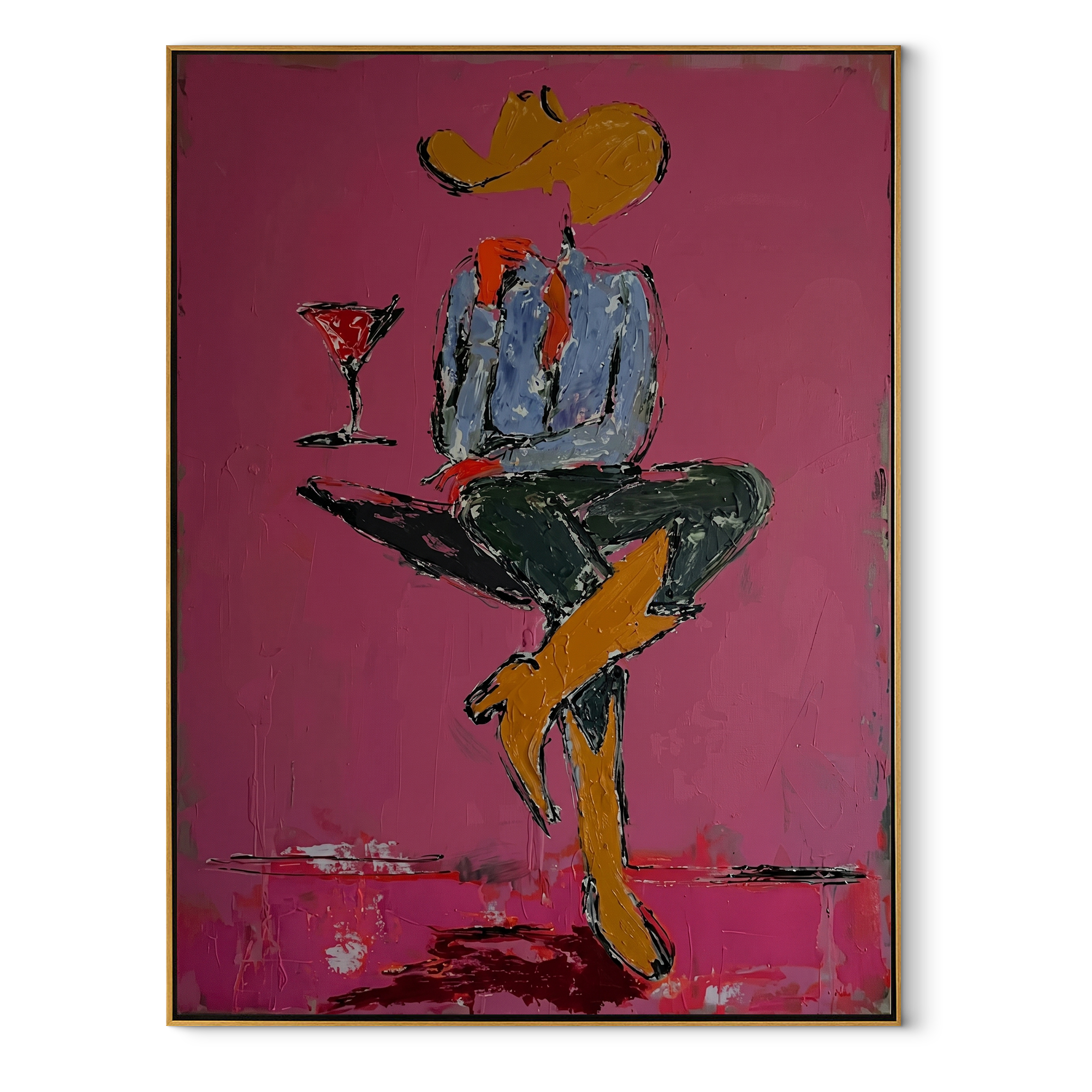 Crossed Legs Hold Evening - seated cowboy drink painting by Ethan Mercer, contemporary Western vertical wall art – wood frame on white background