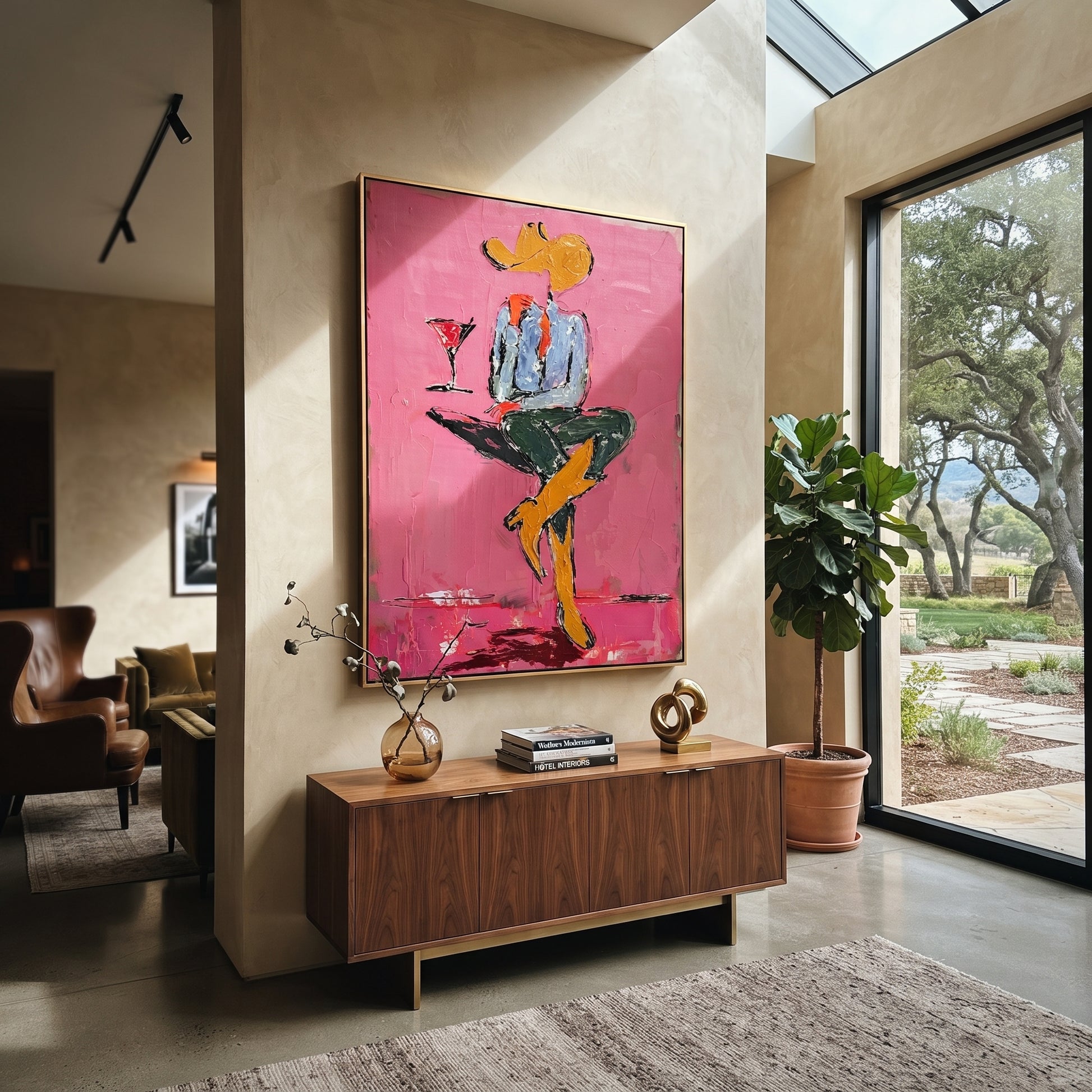 Crossed Legs Hold Evening - seated cowboy drink painting by Ethan Mercer, contemporary Western vertical wall art – styled room scene view 2