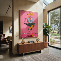 Crossed Legs Hold Evening - seated cowboy drink painting by Ethan Mercer, contemporary Western vertical wall art – styled room scene view 2