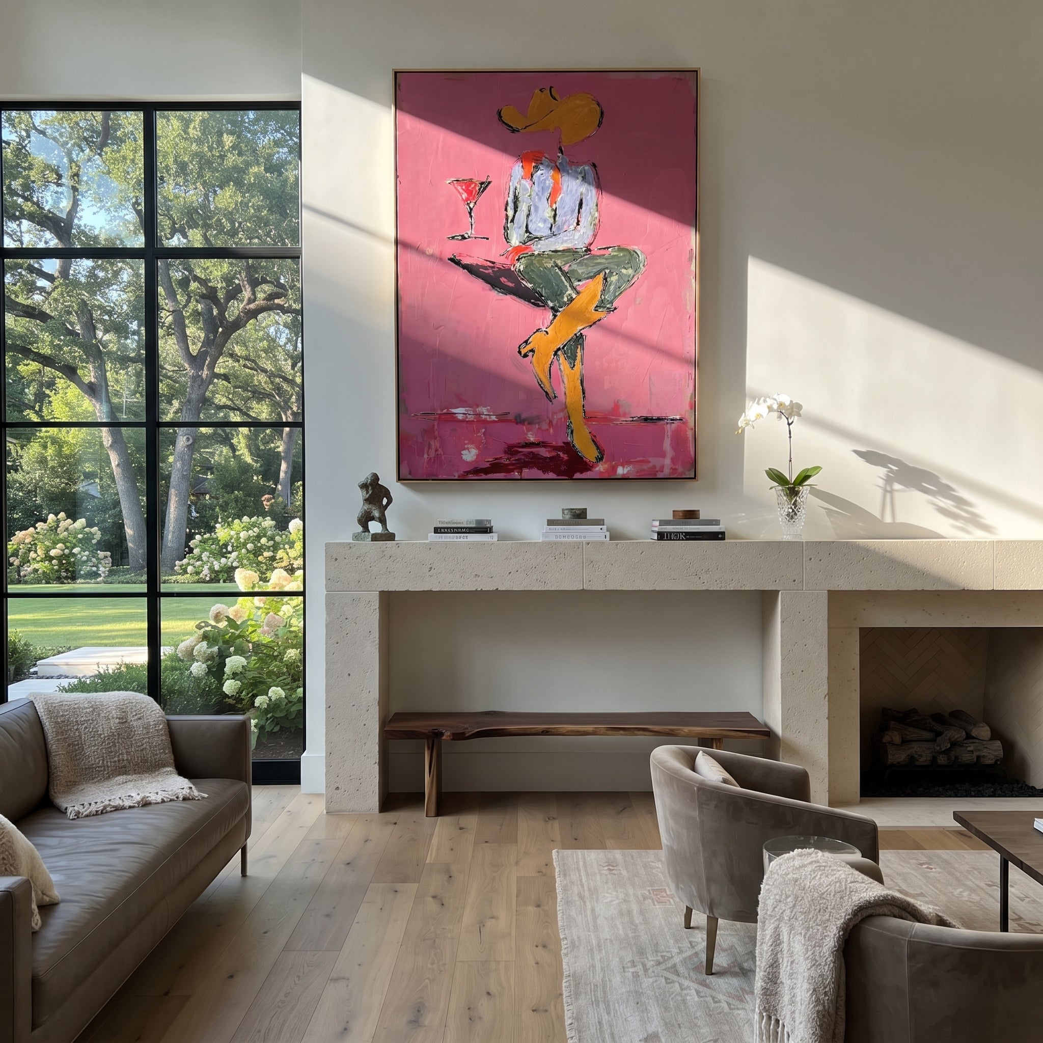 Crossed Legs Hold Evening - seated cowboy drink painting by Ethan Mercer, contemporary Western vertical wall art – styled room scene view 3