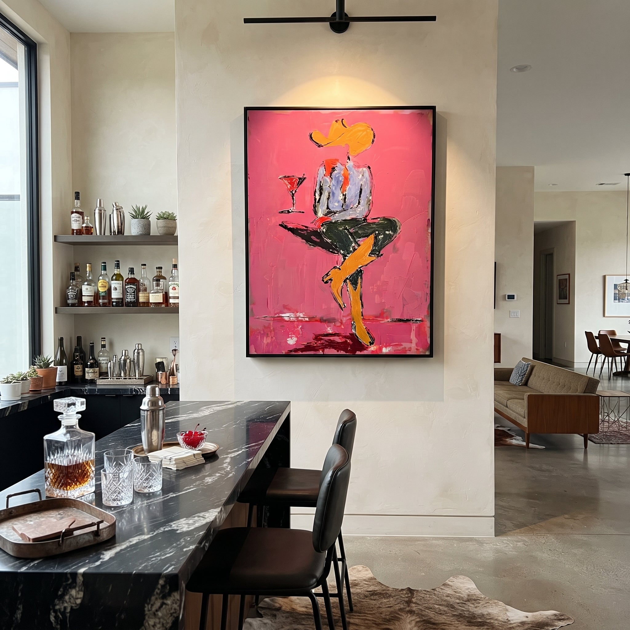 Crossed Legs Hold Evening - seated cowboy drink painting by Ethan Mercer, contemporary Western vertical wall art – styled room scene view 4