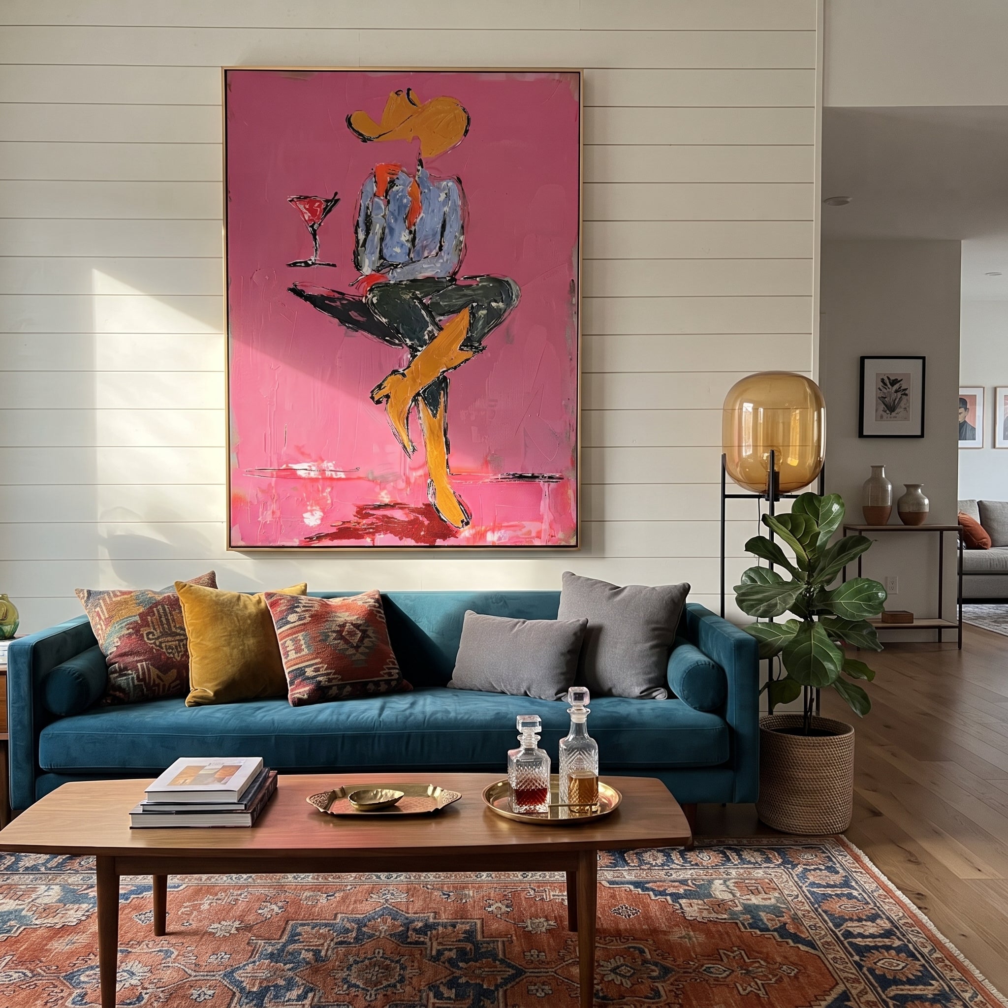 Crossed Legs Hold Evening - seated cowboy drink painting by Ethan Mercer, contemporary Western vertical wall art – styled room scene view 5