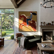 Twin Red Horses Leap - rider two horse painting by Ethan Mercer, contemporary Western square wall art – styled room scene view 1