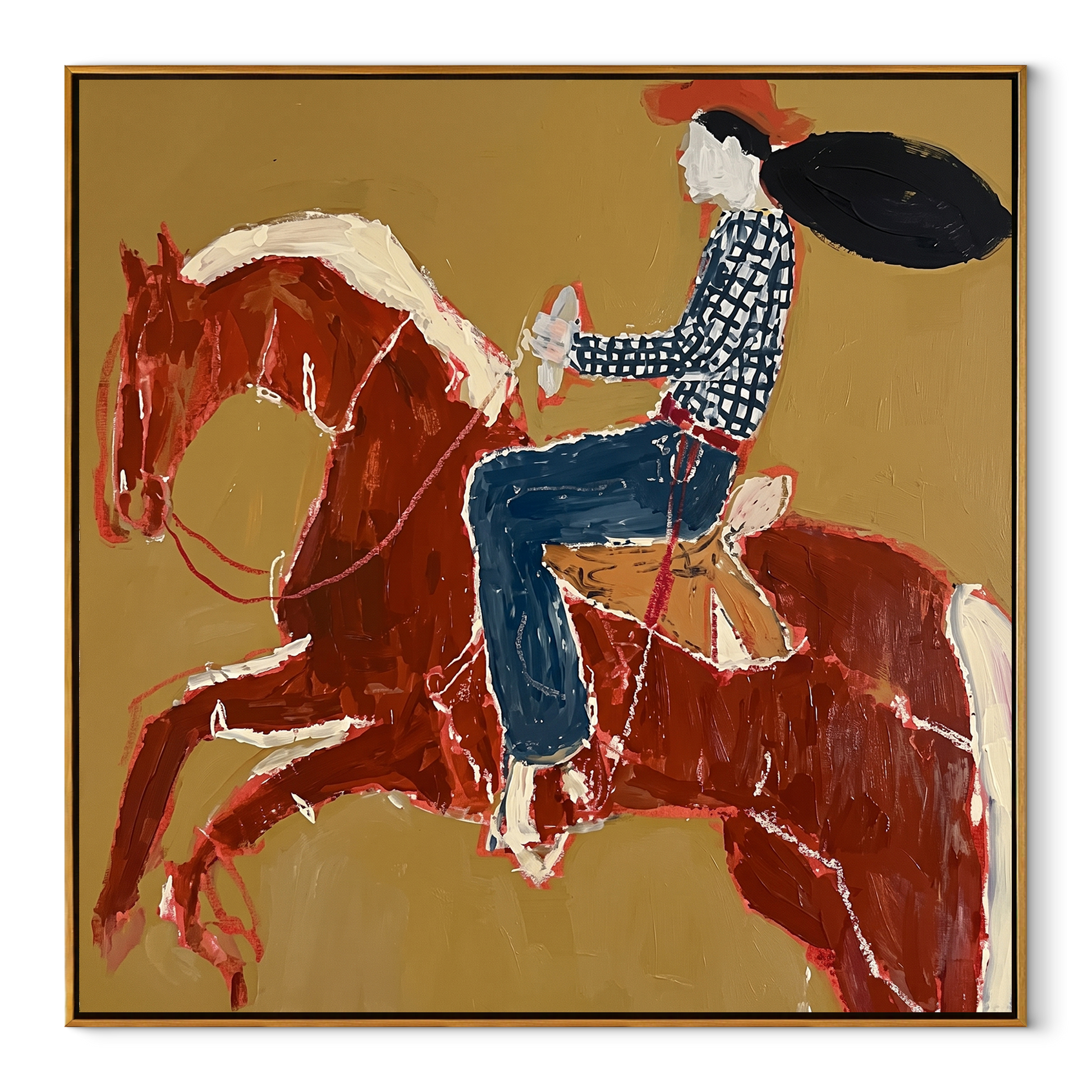Twin Red Horses Leap - rider two horse painting by Ethan Mercer, contemporary Western square wall art – wood frame on white background