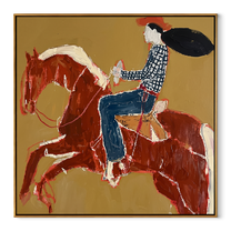 Twin Red Horses Leap - rider two horse painting by Ethan Mercer, contemporary Western square wall art – wood frame on white background