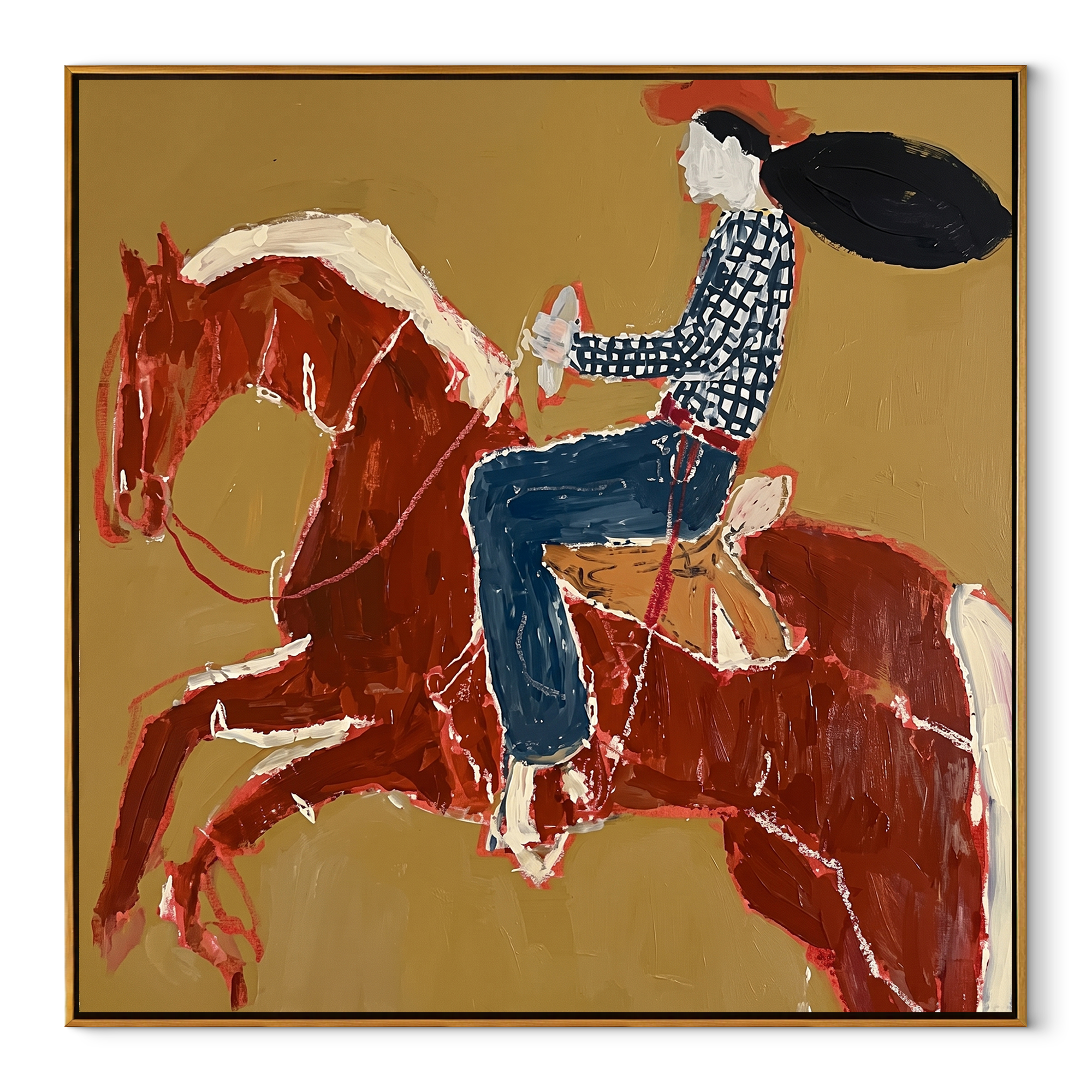 Twin Red Horses Leap - rider two horse painting by Ethan Mercer, contemporary Western square wall art – wood frame on white background
