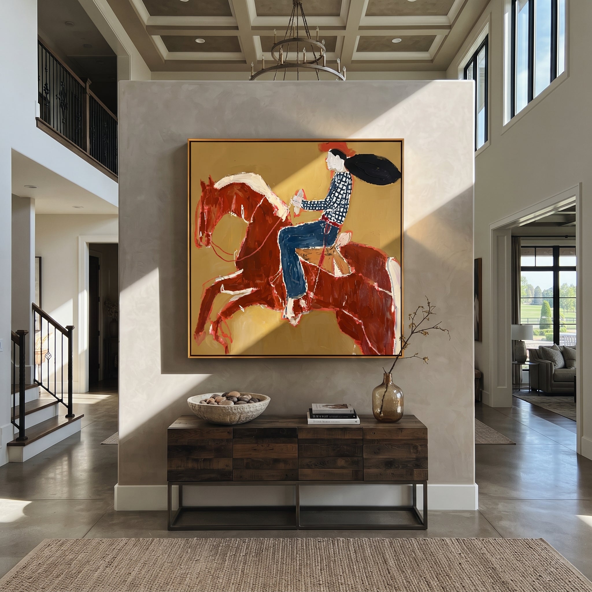 Twin Red Horses Leap - rider two horse painting by Ethan Mercer, contemporary Western square wall art – styled room scene view 2