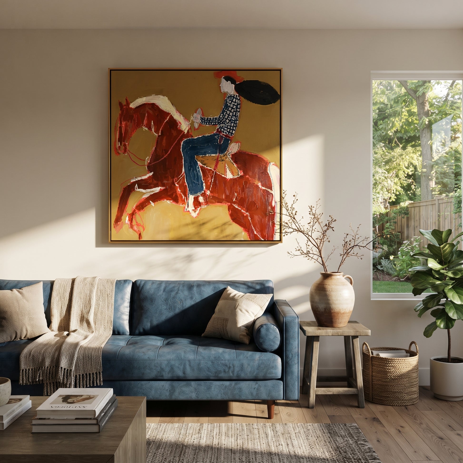 Twin Red Horses Leap - rider two horse painting by Ethan Mercer, contemporary Western square wall art – styled room scene view 4