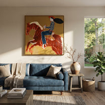 Twin Red Horses Leap - rider two horse painting by Ethan Mercer, contemporary Western square wall art – styled room scene view 4