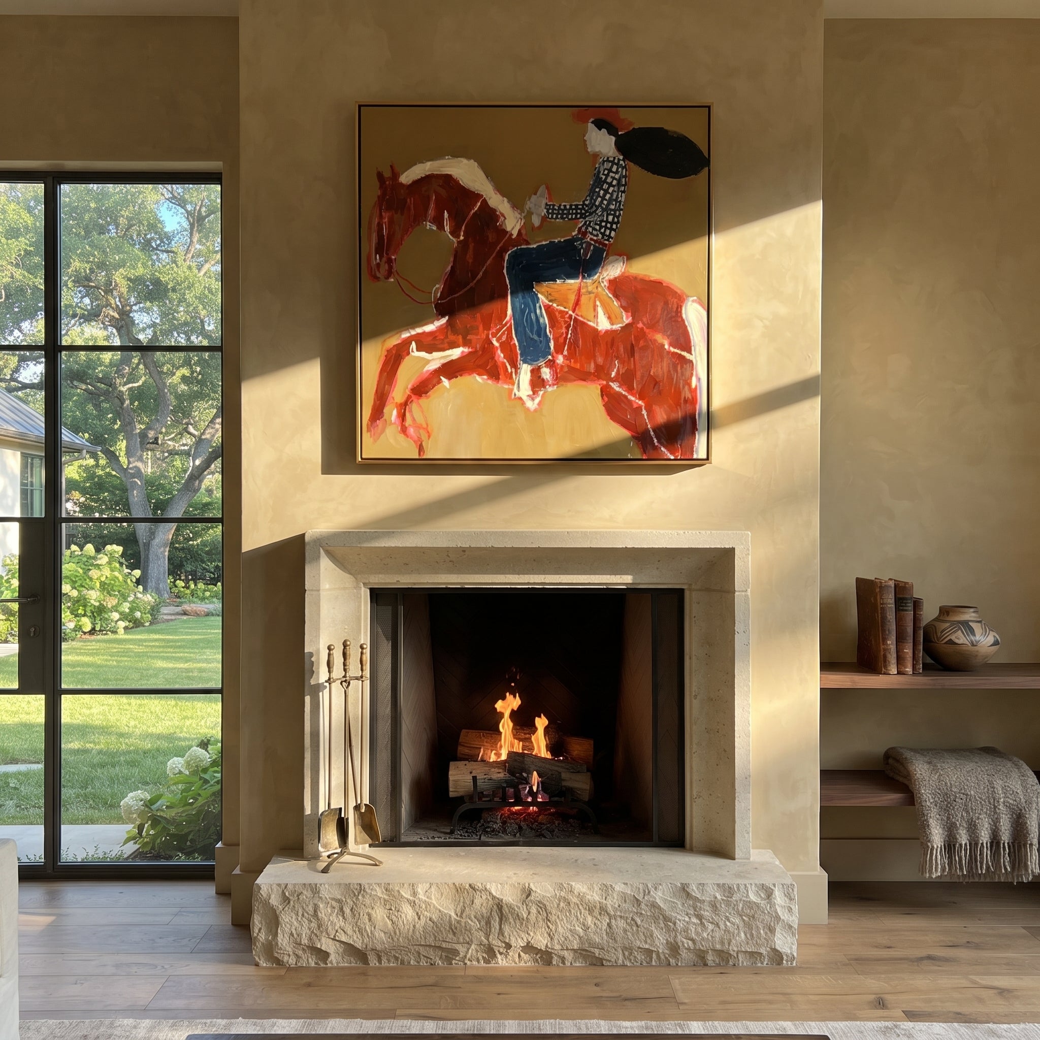 Twin Red Horses Leap - rider two horse painting by Ethan Mercer, contemporary Western square wall art – styled room scene view 5