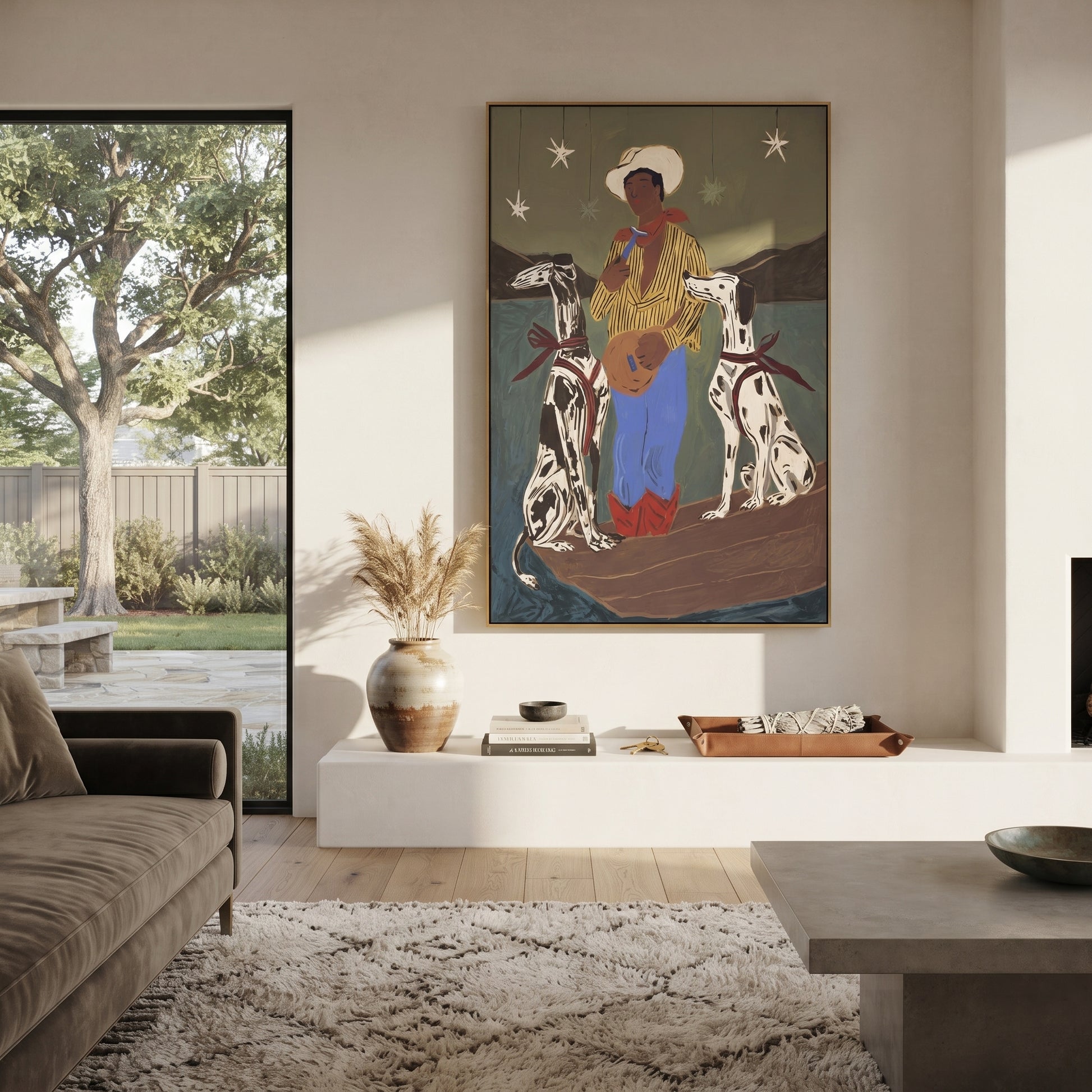 Two Hounds Guard Starlight - cowboy with two dogs painting by Ethan Mercer, contemporary Western vertical wall art – styled room scene view 1