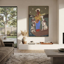 Two Hounds Guard Starlight - cowboy with two dogs painting by Ethan Mercer, contemporary Western vertical wall art – styled room scene view 1