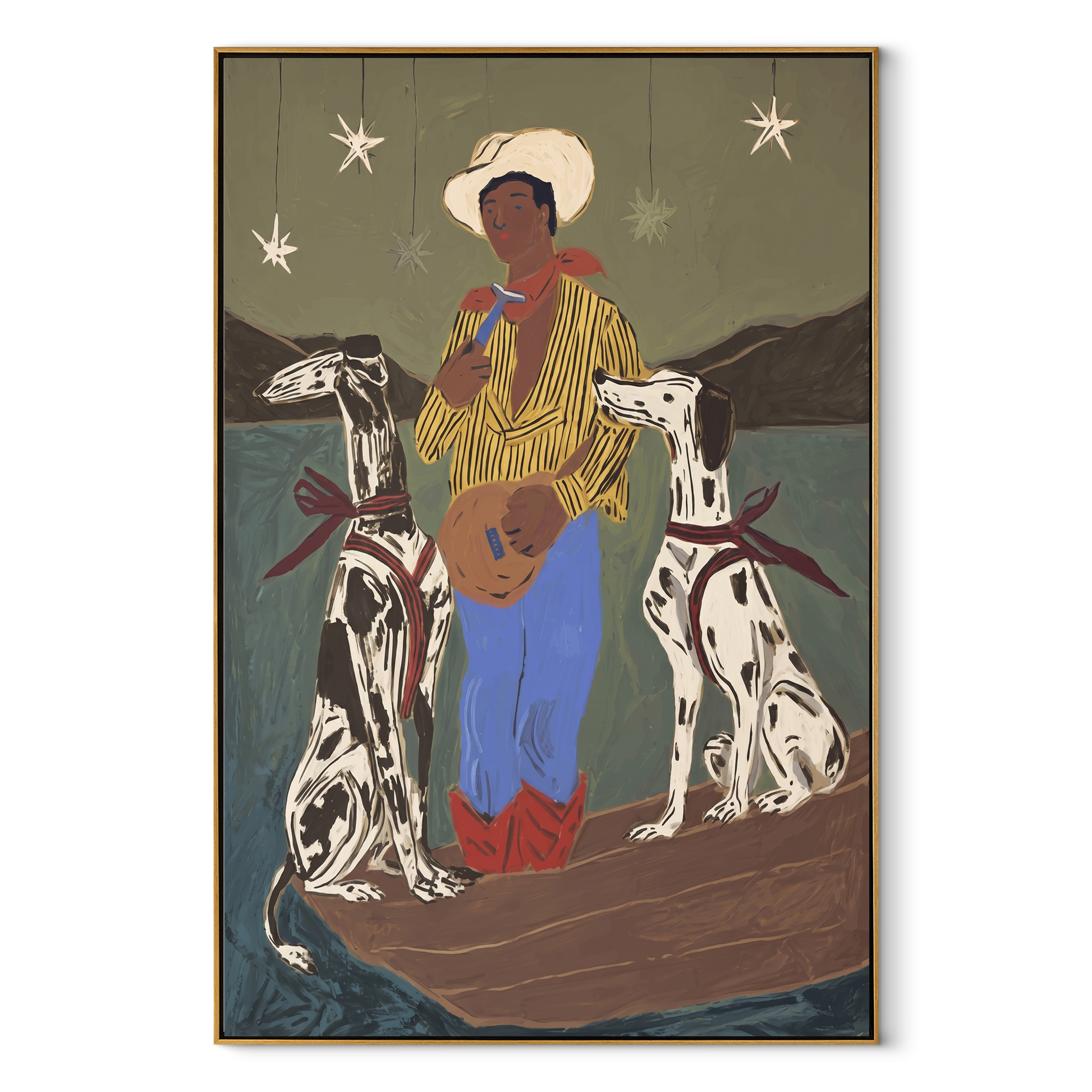 Two Hounds Guard Starlight - cowboy with two dogs painting by Ethan Mercer, contemporary Western vertical wall art – wood frame on white background