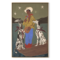 Two Hounds Guard Starlight - cowboy with two dogs painting by Ethan Mercer, contemporary Western vertical wall art – wood frame on white background