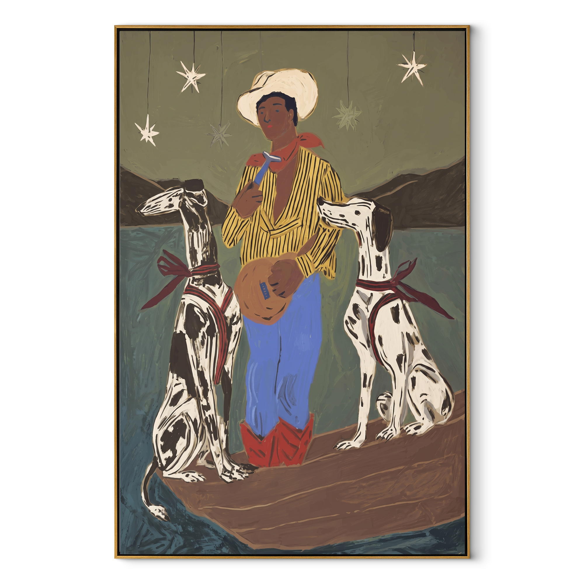 Two Hounds Guard Starlight - cowboy with two dogs painting by Ethan Mercer, contemporary Western vertical wall art – wood frame on white background